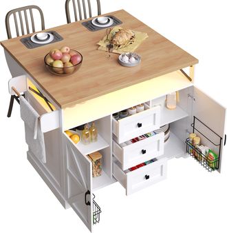 STILVORA Carro De Cocina Con Encimera Plegable, Estantes En Puertas, Led Y Ruedas, En Mdf, Blanco