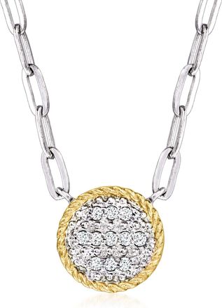 Ross-Simons Diamond Roped-Edge Circle Paper Clip Link Necklace in Sterling Silver and 14kt Yellow Gold