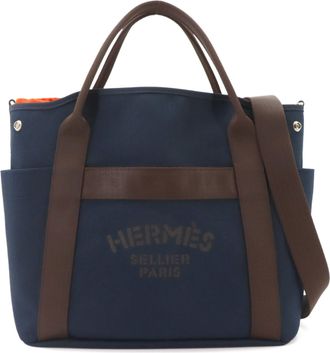 Herm&egrave;s Brown Navy Canvas Leather Handbag Tote Bag (Pre-Owned)