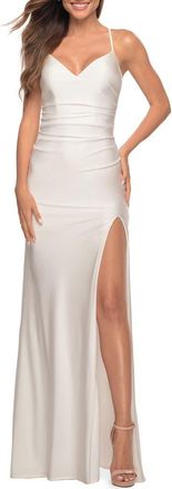 La Femme Long Homecoming Dress with Slit and Criss Cross Back in White at Nordstrom, Size 00