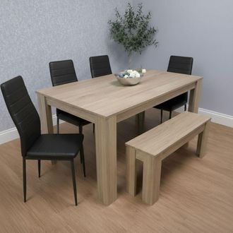 Kosy Koala Modern Oak Effect Dining Table Set With 4 Black Chairs & Bench Dining Room Furniture in Beige