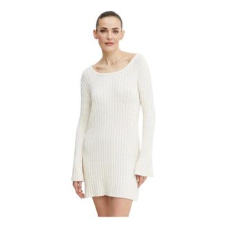 Pinko Pinko - Geribde Mini Jurk met Open Rug - Dames - Jurken - Beige - Maat: L Katoen