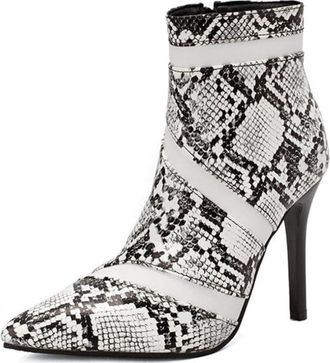 Generic Womens Pointed Toe Ankle Boots Snakeskin Crocodile Print Straps PU Leather Stiletto Heels Slip On Comfortable Non Slip Durable for Party,White,4.5 UK
