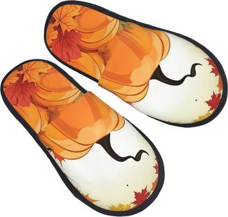 Generic Fleece Slippers Autumn Pumpkin Maple Leaves Reusable House Slippers Portable Indoor Shoes For Men Winter Guest Room M