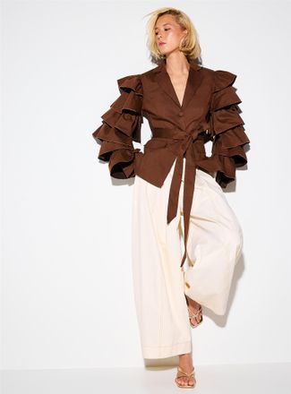 Icone Womens Ruffled sleeves belted twill blazer