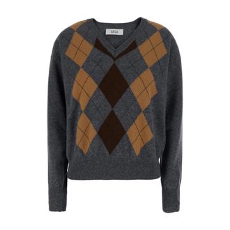 Jucca Trui met V-hals en Argyle Patroon - Dames - V-hals truien - Grijs - S - Wol - Truien & Vesten