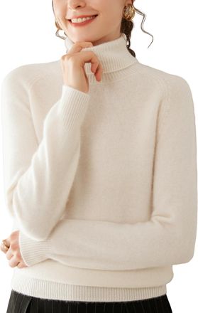 Dissa Women Cashmere Jumper Off-White Roll Neck Knitted Jumper Long Sleeve Relaxed Cashmere&Wool Thick Plain Ladies Sweater,UK 12,MH560