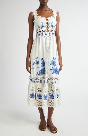 Farm Rio Richilieu Embroidered Linen Blend Midi Sundress in Off-White at Nordstrom, Size Small