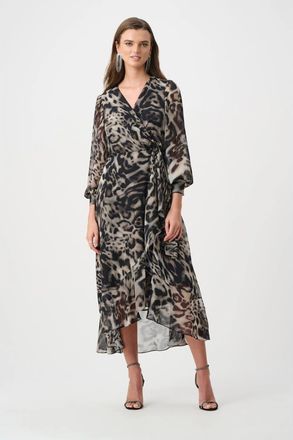Joseph Ribkoff Chiffon Printed Fit and Flare Wrap Dress in Grey/multi at Nordstrom, Size 12