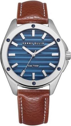Perry Ellis Solar Leather Strap Watch, 41mm in Silver at Nordstrom Rack