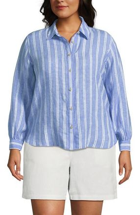Lands End Linen Long Sleeve Feminine Shirt in Clear Blue Sky Double Stripe at Nordstrom, Size 1X