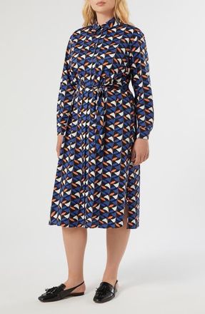 Marina Rinaldi Voyage Collection Print Long Sleeve Stretch Poplin Shirtdress in Navy at Nordstrom, Size 14W