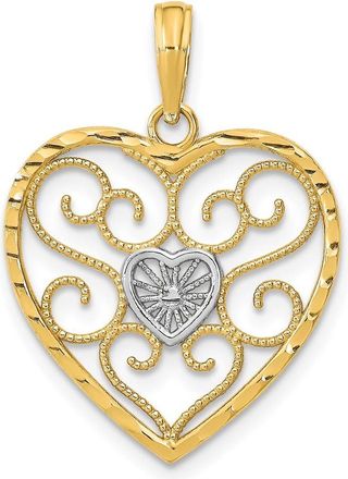 Diamond2Deal 14k Yellow Gold and White Rhodium Filigree Beaded Heart Charm Pendant