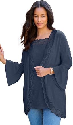 Roaman's Lace-Detailed Cardigan And Tank Set in Navy at Nordstrom, Size 28