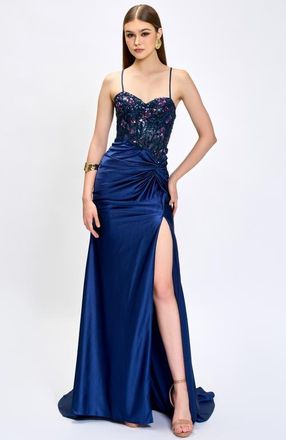 Bariano Nahdia Beaded Sequin Gown in Navy at Nordstrom, Size 8