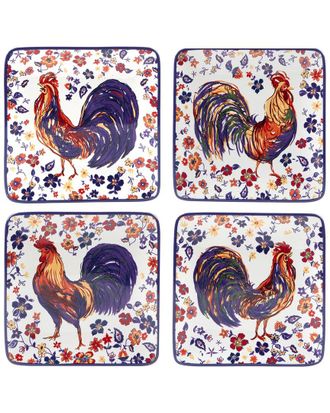 Certified International Morning Rooster Set Of 4 Canape Plates