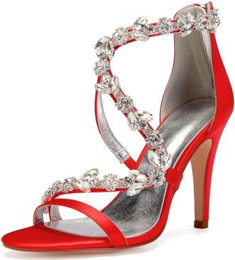 Generic Bridal Heels Womens Satin Open Toe Stiletto High Heels Wedding Shoes High Sandals for Prom, Party, Daily 10.5Cm,red,8 UK