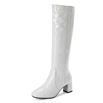 Generic MiaZane Womens Patent Leather Knee High Boots Block Heel Glossy Finish Fashion Statement Footwear for Party Streetwear and Fall Winter Outfits,White,6