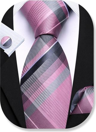 Barry.Wang Mens Pink Grey Tie Silk Tartan Necktie Plaid Pocket Square Cuff Links Sets Wedding Business