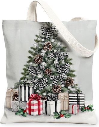 Generic Christmas Tree Canvas Tote Bags, Elegant Holiday Design Reusable Grocery Bags, Vintage Lightweight Washable Shoulder Strap Canvas for Shopping Travel 
