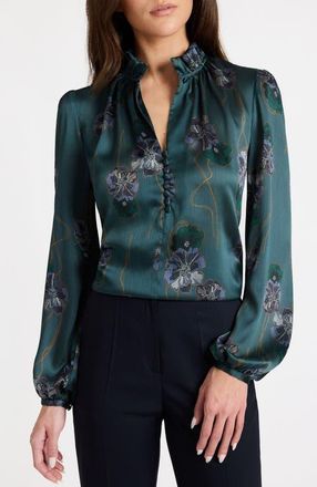 Santorelli Astrid Long Sleeve Ruffle-Neck Printed Top in Steel Teal at Nordstrom, Size 10