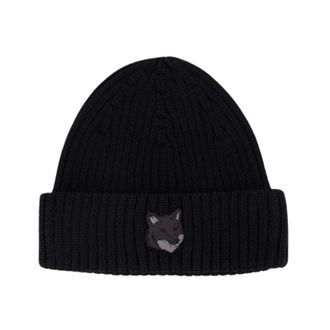 Maison Kitsuné Beanies, unisex, Black, Size: ONE SIZE Black Wool Fox Head Beanie