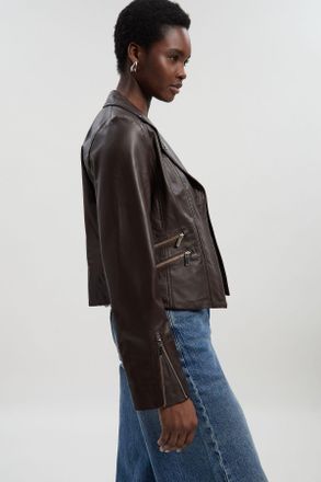 Karen Millen Womens Leather Signature Biker Jacket - Chocolate - Size 12 UK