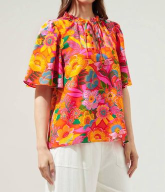Sugarlips Idalia Ruffle Split Neck Blouse In Orange Floral