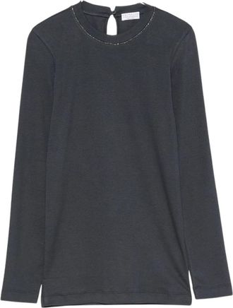 Brunello Cucinelli Ribbed Jersey Top met Monili - Dames - Tops - Blauw - Maat: M Jersey