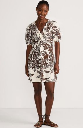 Lands End Linen Above the Knee Puff Sleeve Dress in Vanilla/bark Etched Leaves at Nordstrom, Size 12P