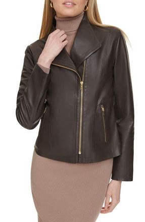 Cole Haan Asymmetric Zip Leather Jacket in Espresso at Nordstrom, Size Small