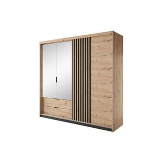 Vente-Unique Vente-unique - Armadio 3 ante e 2 cassetti Specchio e led L220 cm Naturale e Nero - ariada