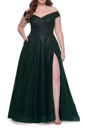 La Femme Off The Shoulder Tulle Plus Size Gown with Lace in Dark Emerald at Nordstrom, Size 14W