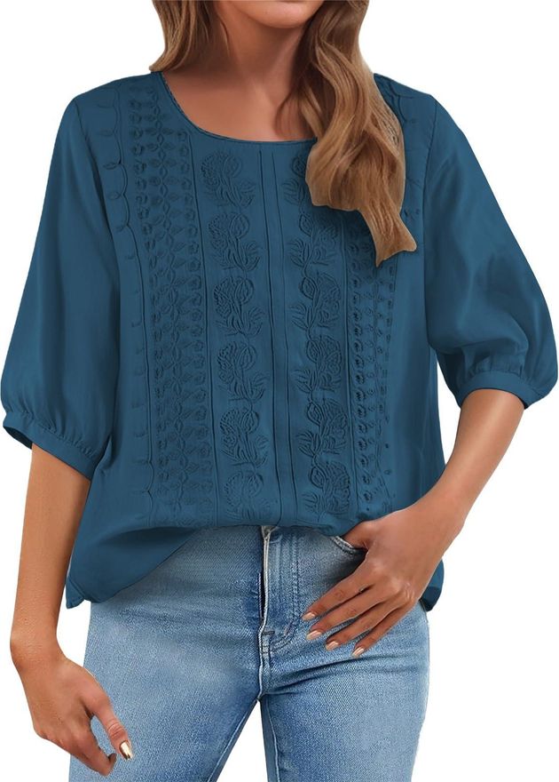 Womens Linen Tops 3/4 Sleeve Tops for Women UK Cotton Linen Ladies Tunic Top Embroidery Floral Boho Summer Blouses Dressy Casual Elegant Chiffon Blous