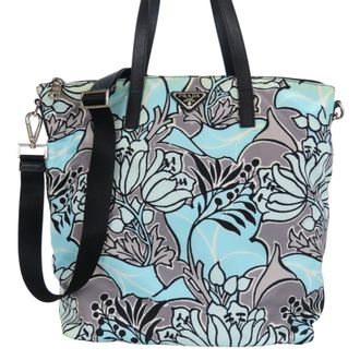 Prada Black Blue Gray Nylon Leather Tote Bag (Pre-Owned)