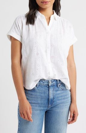 Beach Lunch Lounge Noa Embroidered Cotton Blend Button-Up Top in White at Nordstrom, Size X-Large
