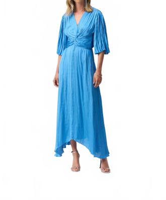 Joseph Ribkoff V-Neck Pleated Satin Maxi Dress In Coastal Blue