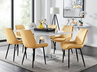 Furniturebox Giovani 6-Seater Grey Glass Dining Table & 6 Pesaro Soft Velvet Dining Chairs in Mustard