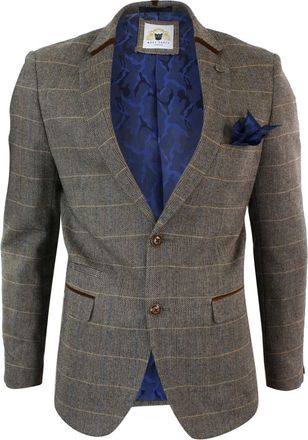 Marc Darcy Mens Herringbone Tweed Tan Brown Slim Fit 2 Button Blazer Check Jacket