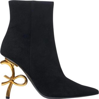 Roberto Festa Milano Zwarte Su&egrave;de Bow Heel Enkellaarsjes - Dames - Laarzen met Hak - Zwart - 39 EU - Su&egrave;de - Schoenen