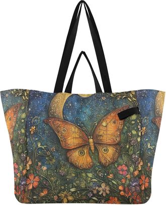 Generic Flower Moon Yellow Butterfly pattern Reusable Canvas Tote Bag, Heavy Duty Grocery Shopping Bag with Hard Bottom Double Handles Large Capacity Work Gro