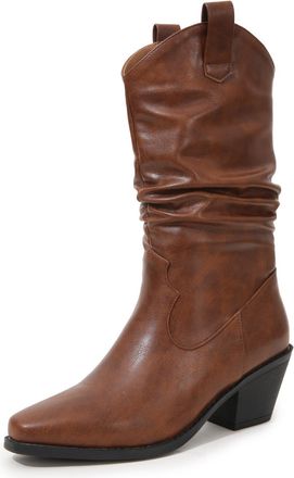 Generic Womens Slouchy Pointed Toe Faux Leather Cowboy Mid Calf Boots Chunky Heel Stylish Comfortable Slip Resistant Wear Resistant For Fashion Party Daily,Br