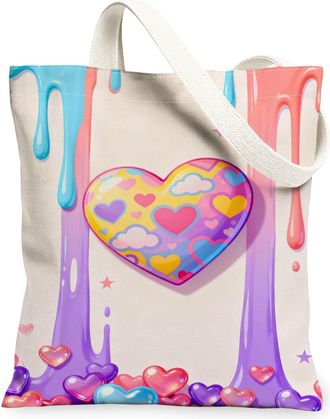 Generic Heart Canvas Tote Bags, Colorful Love Pattern Reusable Grocery Bags, Summer Fun Lightweight Washable Shoulder Strap Canvas, Colorful, 13x15 Inch