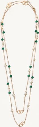 Valentino Garavani Collana Lunga VLogo Signature In Metallo, Perle E Vetro Godronato Donna ORO/VERDE UNI