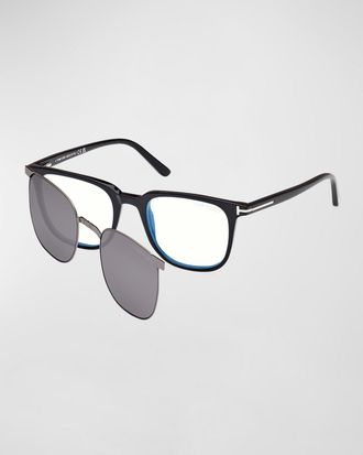 Tom Ford Men & apos;s Square Blue Light Blocking Glasses with Clip-On Lenses