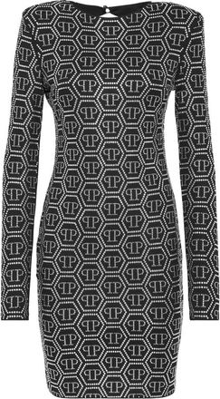 Philipp Plein Lange Mouw Monogram Mini Jurk - Dames - Feestkleedjes - Zwart - XS - Polyester - Kleedjes