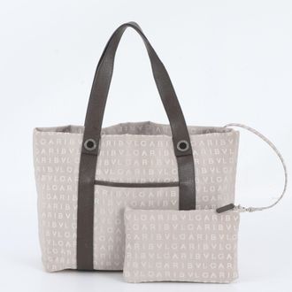 Bulgari Beige Leather Canvas Handbag Pouch Shoulder Bag Tote Bag (Pre-Owned)