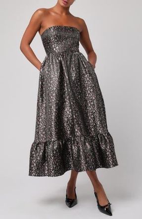 Lulus Glenn Strapless Midi Dress in Black Floral at Nordstrom Rack, Size Large