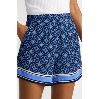 Lands End Rayon High Rise 5 Pull On Shorts - Set Bottom in Deep Sea Border Tile at Nordstrom, Size 18