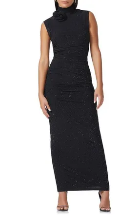 AFRM Germain Rosette Rhinestone Embellished Cutout Maxi Dress in Noir at Nordstrom, Size Medium